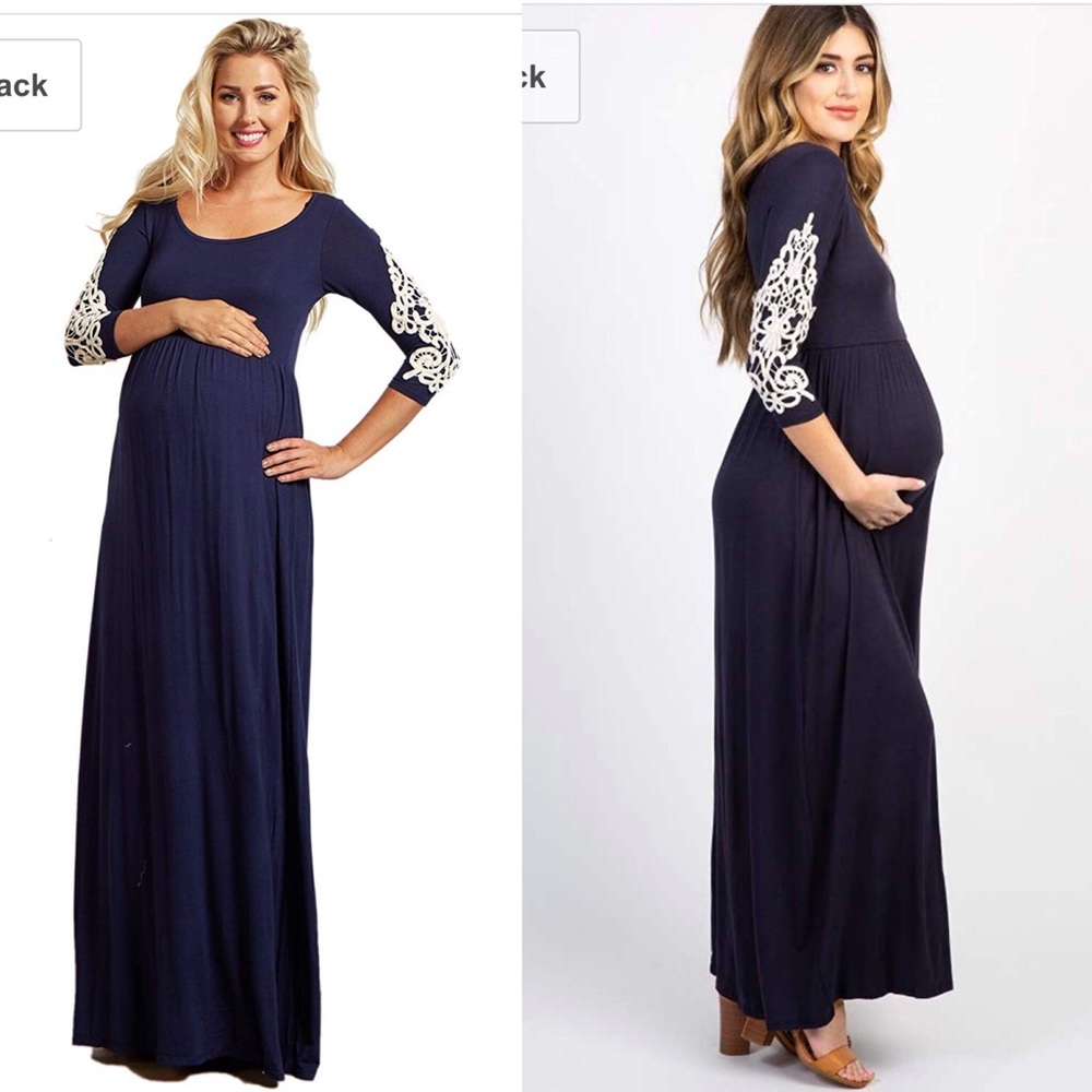 Navy Maternity Maxi Dress with Lace Sleeve Detail